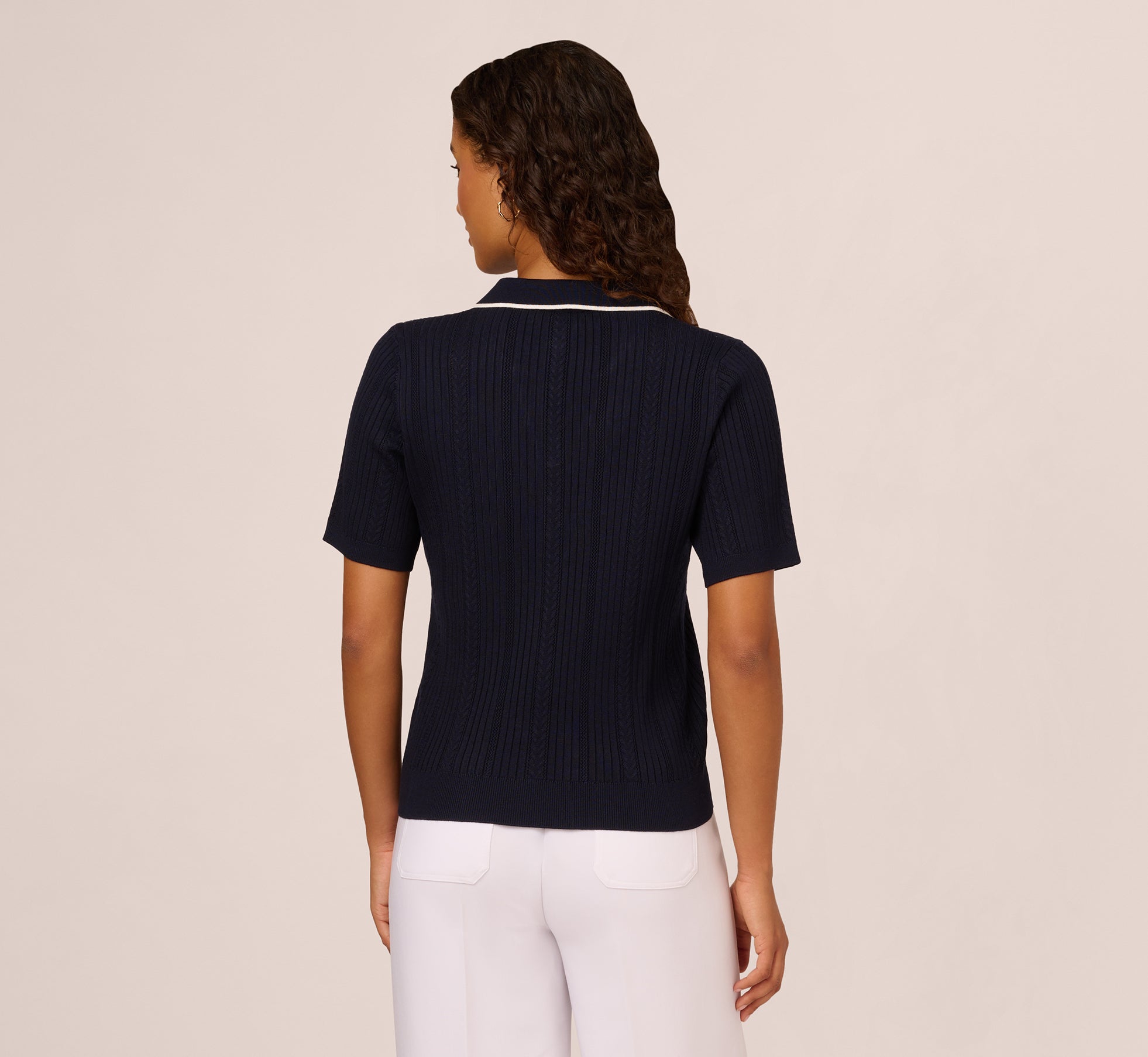 Short Sleeve Cable Knit Polo Sweater With V Neck In Navy Ivory 
