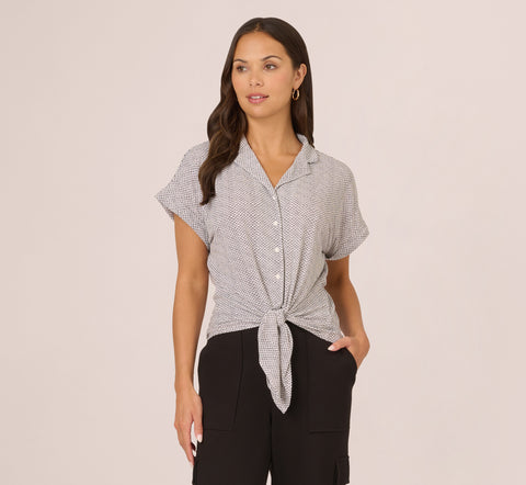 Printed Short Sleeve Collared Top With Tie Front In Ivory Arrow Geo