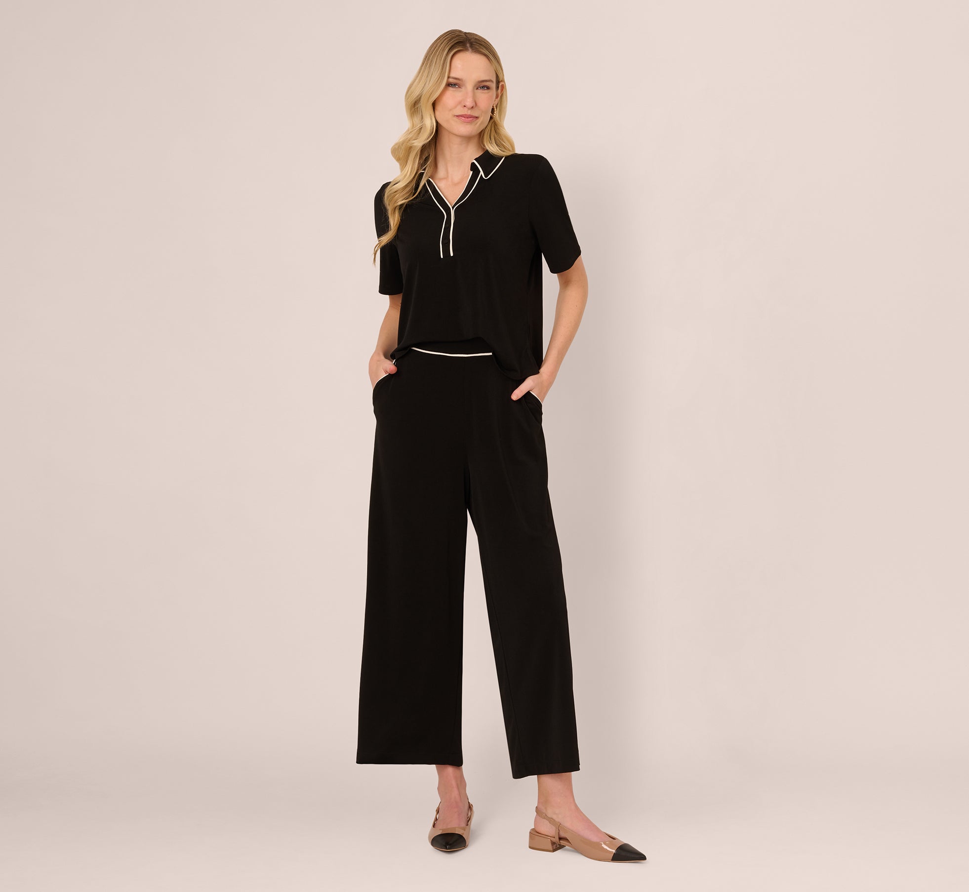 Contrast Tipping Knit Polo And Pant Set In Black Ivory 1