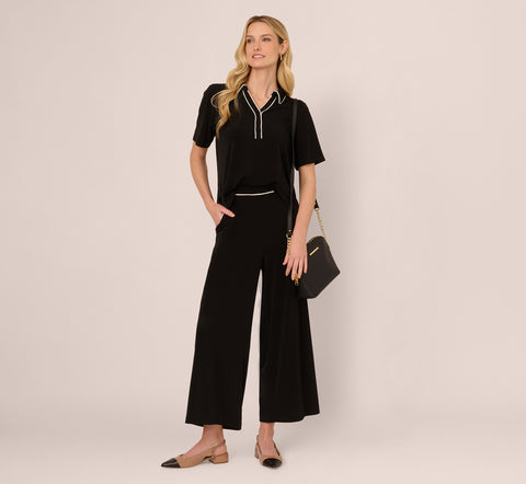 Contrast Tipping Knit Polo And Pant Set In Black Ivory