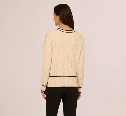 V Neck High Low Cable Knit Sweater In Cream Blue Moon