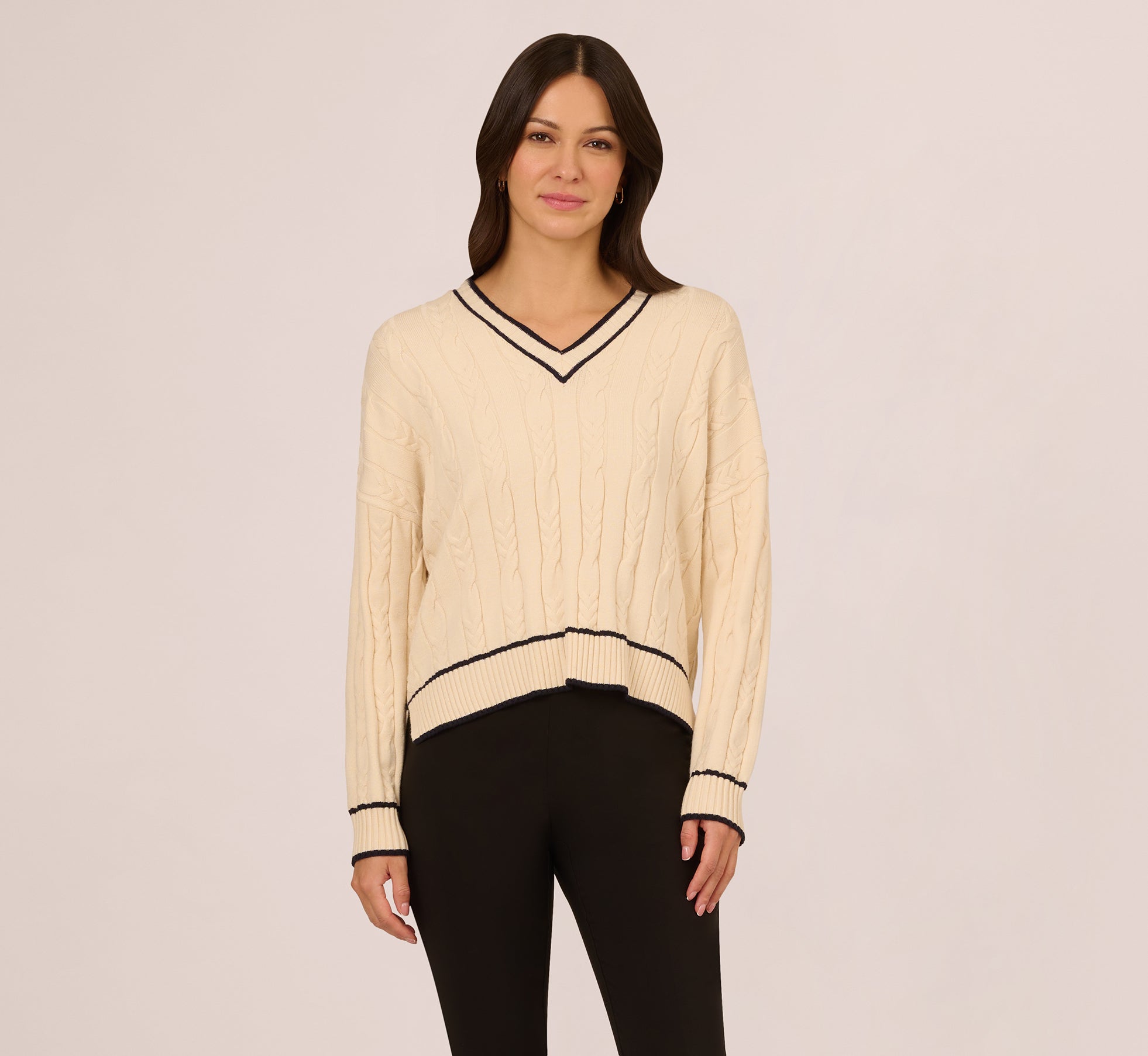 V Neck High Low Cable Knit Sweater In Cream Blue Moon 1