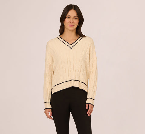 V Neck High Low Cable Knit Sweater In Cream Blue Moon