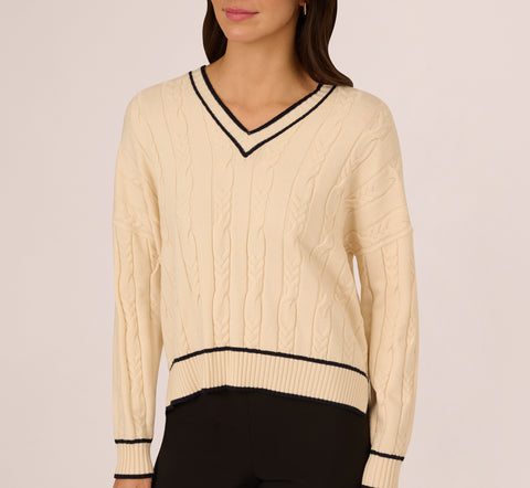 V Neck High Low Cable Knit Sweater In Cream Blue Moon