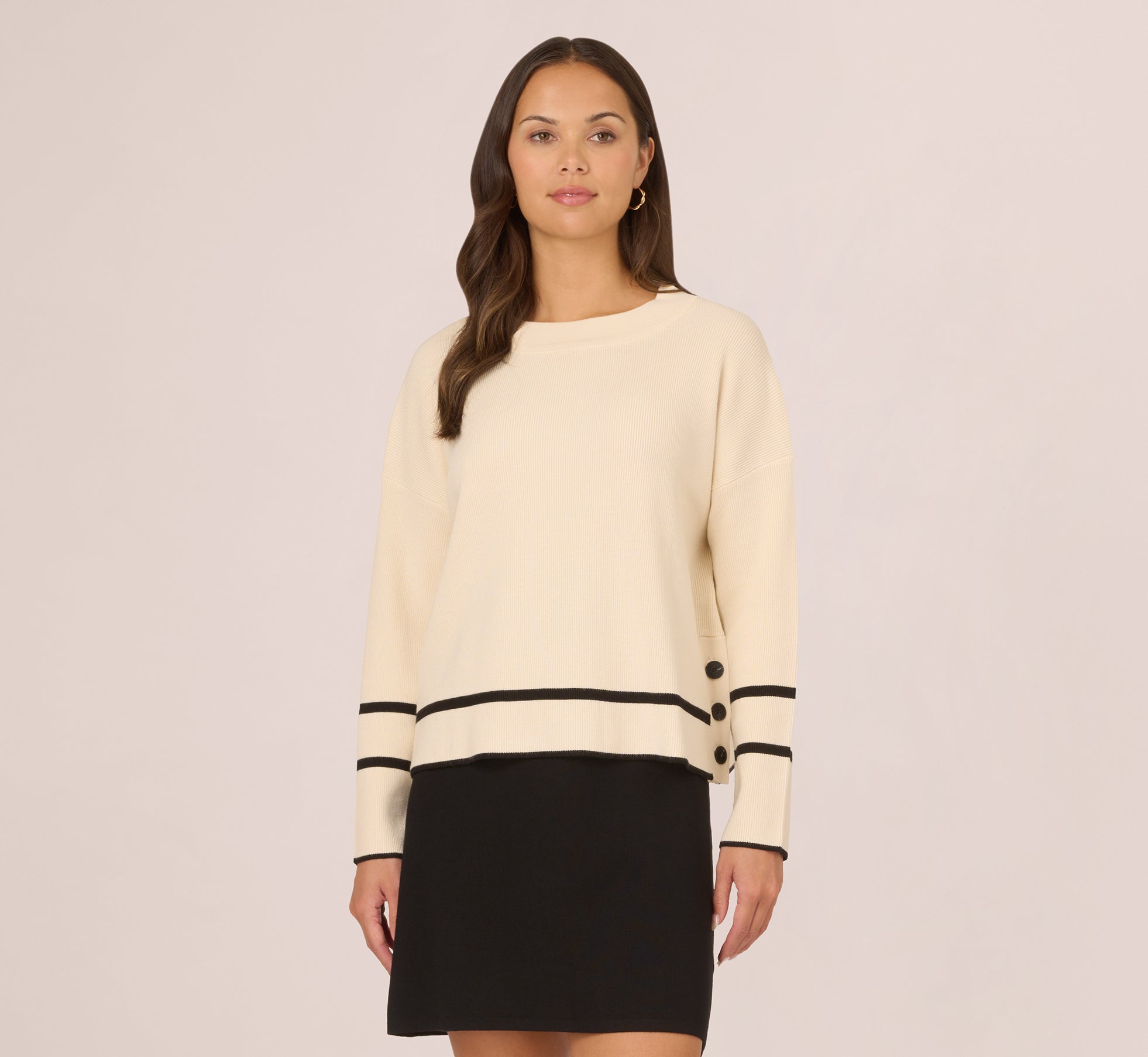 Crew Neck Pullover Sweater With Tipped Details In Cream Black 1