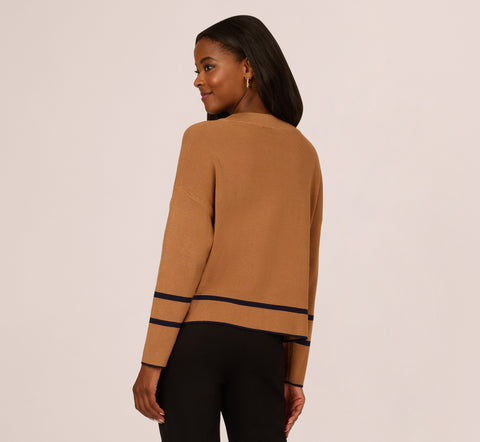 Crew Neck Pullover Sweater With Tipped Details In Camel Bluemoon