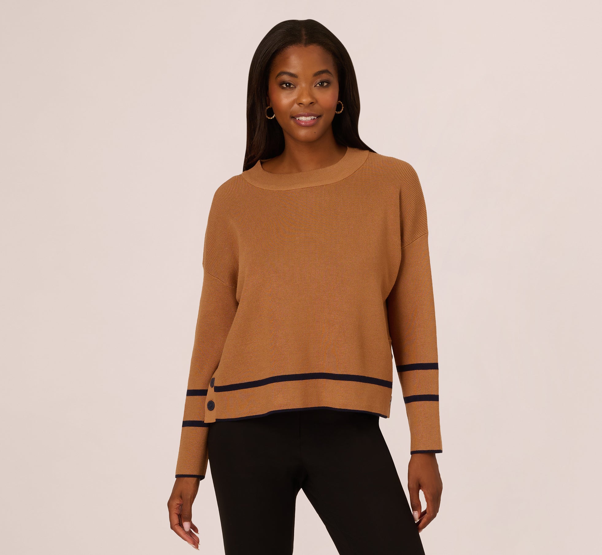 Crew Neck Pullover Sweater With Tipped Details In Camel Bluemoon 1