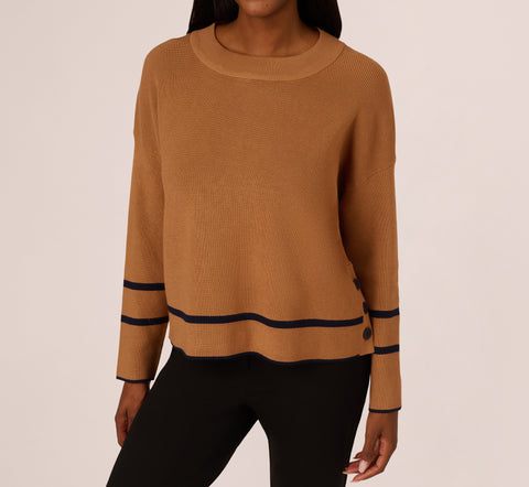 Crew Neck Pullover Sweater With Tipped Details In Camel Bluemoon