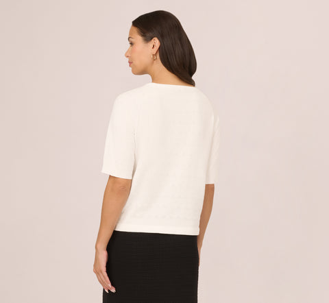 Short Sleeve Pointelle Sweater With Crew Neckline In Ivory