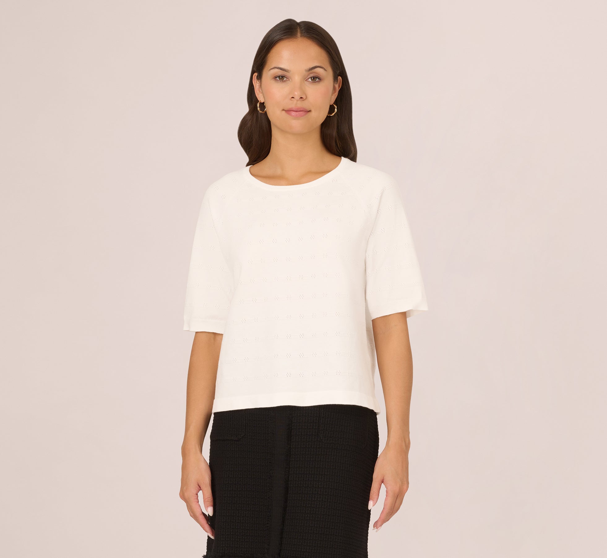 Short Sleeve Pointelle Sweater With Crew Neckline In Ivory 1