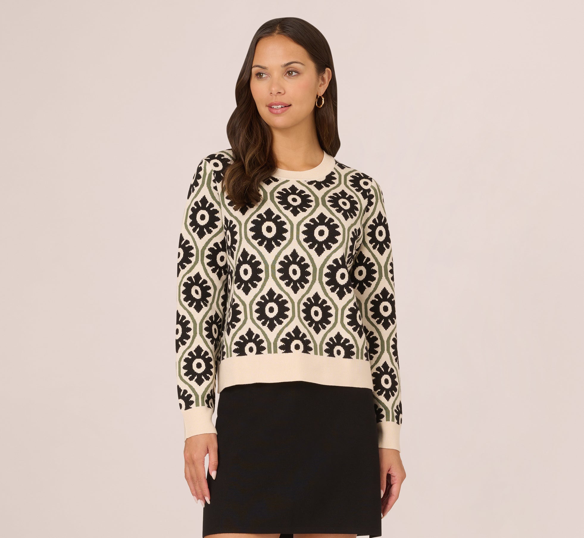 Floral Print Crew Neck Pullover Sweater In Cream Fatigue Black 1