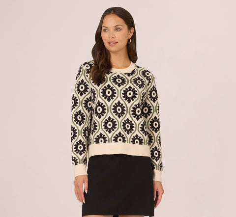 Floral Print Crew Neck Pullover Sweater In Cream Fatigue Black Adrianna Papell