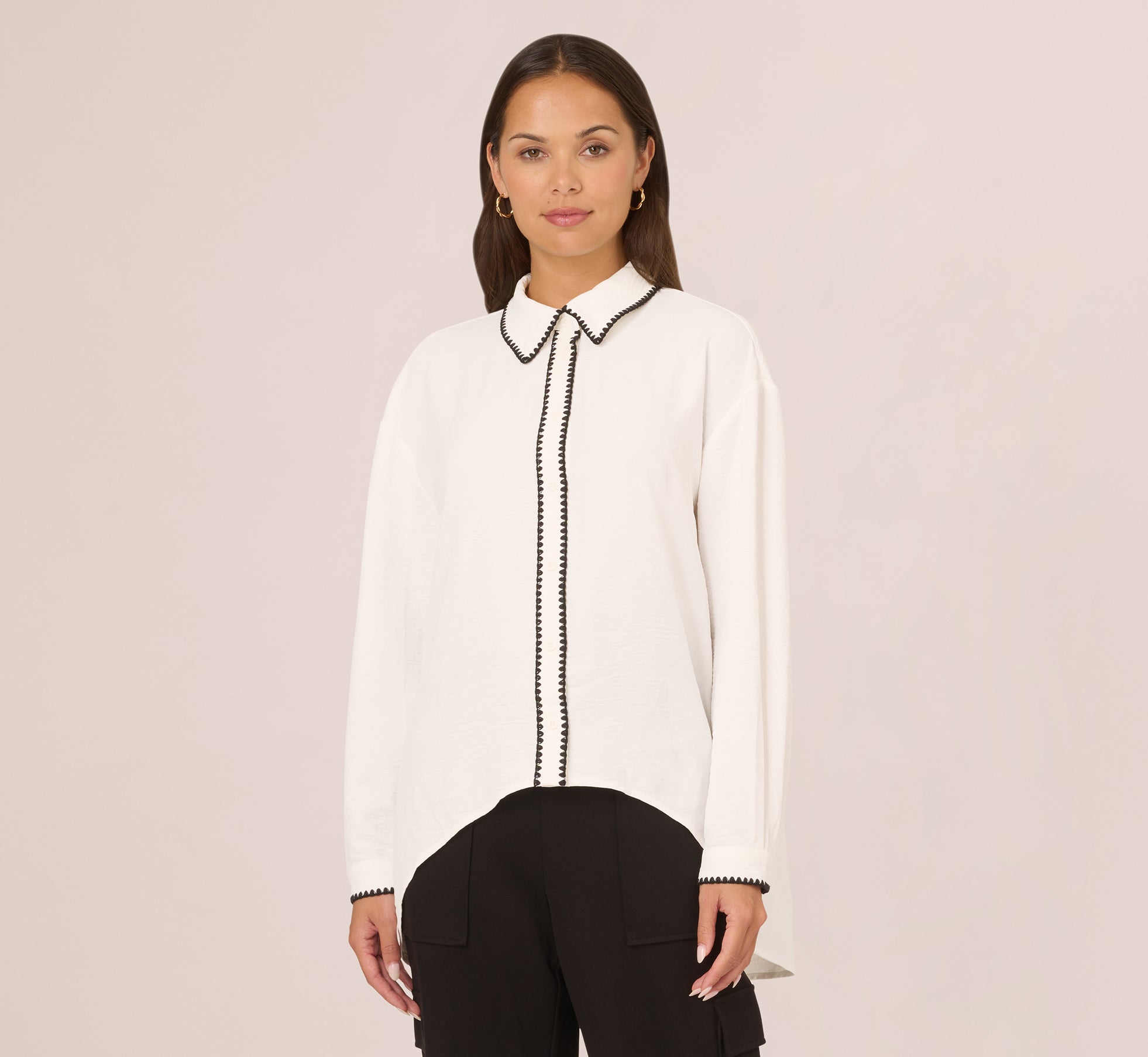 Long Sleeve Button Down Top With Embroidered Details In Ivory Black 1