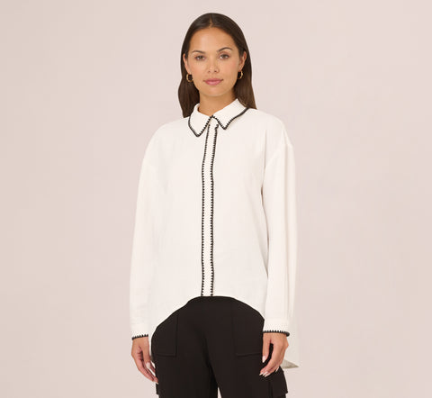 Long Sleeve Button Down Top With Embroidered Details In Ivory Black