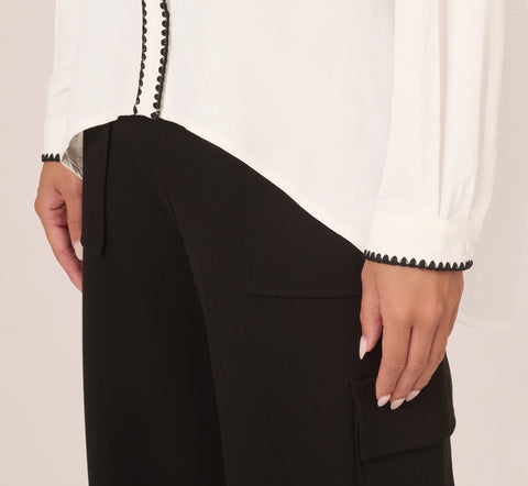 Long Sleeve Button Down Top With Embroidered Details In Ivory Black