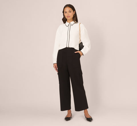 Long Sleeve Button Down Top With Embroidered Details In Ivory Black