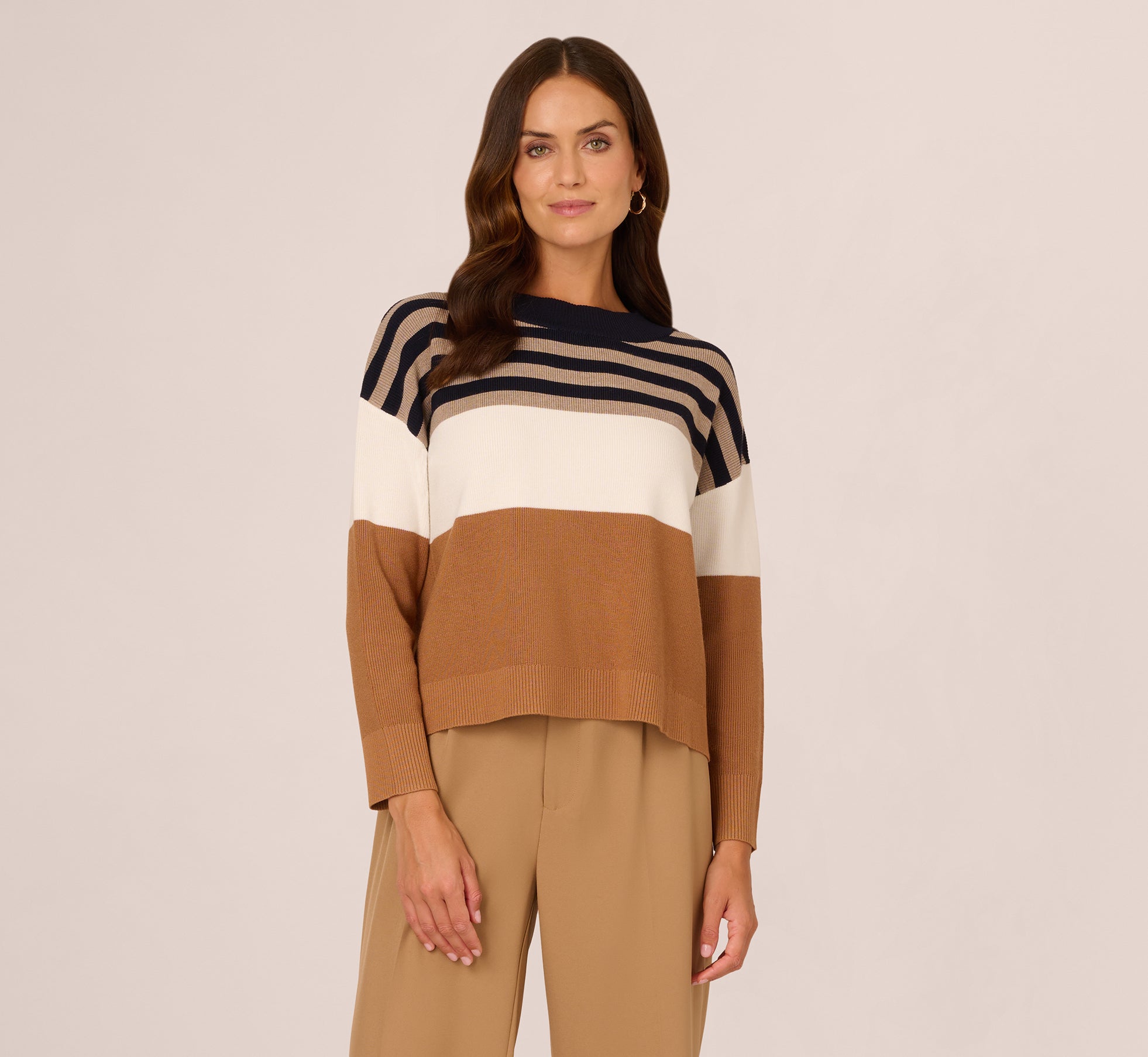 Drop Shoulder Boat Neck Color Blocked Sweater In Bluemoon Htdkoatmealblockmulti 1