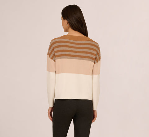 Drop Shoulder Boat Neck Color Blocked Sweater In Camel Ht Oatmeal Block Multi