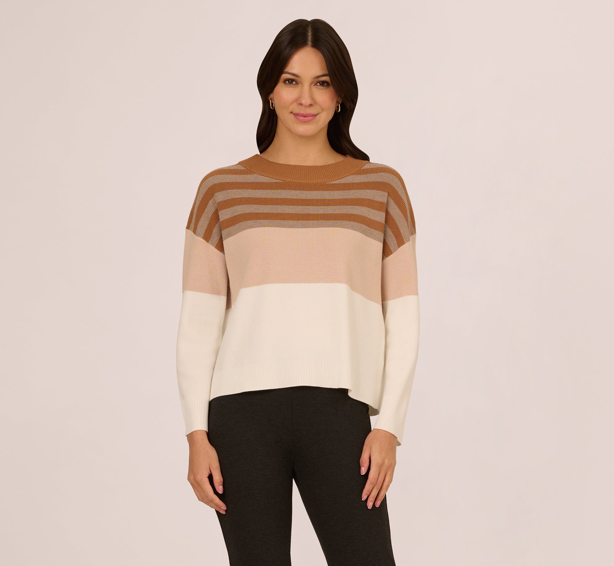 Drop Shoulder Boat Neck Color Blocked Sweater In Camel Ht Oatmeal Block Multi 1