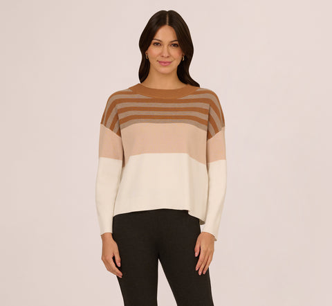 Drop Shoulder Boat Neck Color Blocked Sweater In Camel Ht Oatmeal Block Multi