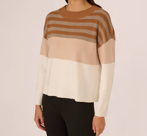 Drop Shoulder Boat Neck Color Blocked Sweater In Camel Ht Oatmeal Block Multi