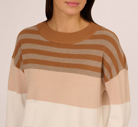 Drop Shoulder Boat Neck Color Blocked Sweater In Camel Ht Oatmeal Block Multi