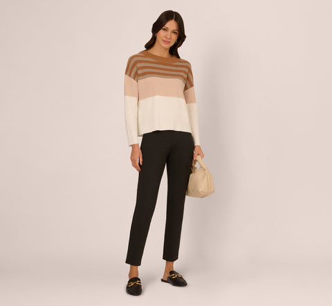 Drop Shoulder Boat Neck Color Blocked Sweater In Camel Ht Oatmeal Block Multi