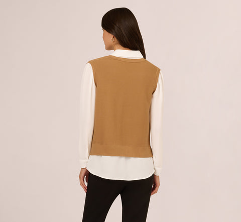 Sweater Vest Collared Twofer Shirt In Camel Ivory