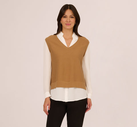 Sweater Vest Collared Twofer Shirt In Camel Ivory