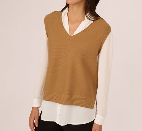 Sweater Vest Collared Twofer Shirt In Camel Ivory