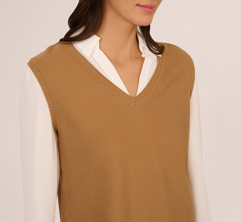 Sweater Vest Collared Twofer Shirt In Camel Ivory