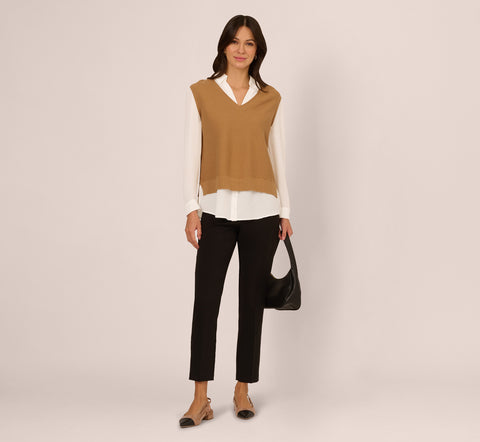 Sweater Vest Collared Twofer Shirt In Camel Ivory