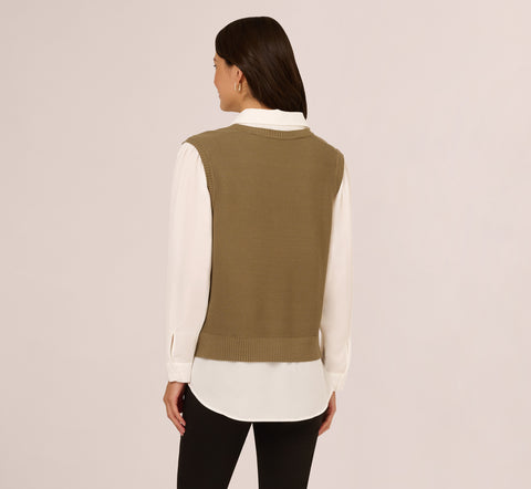 Sweater Vest Collared Twofer Shirt In Smokey Olive Ivory