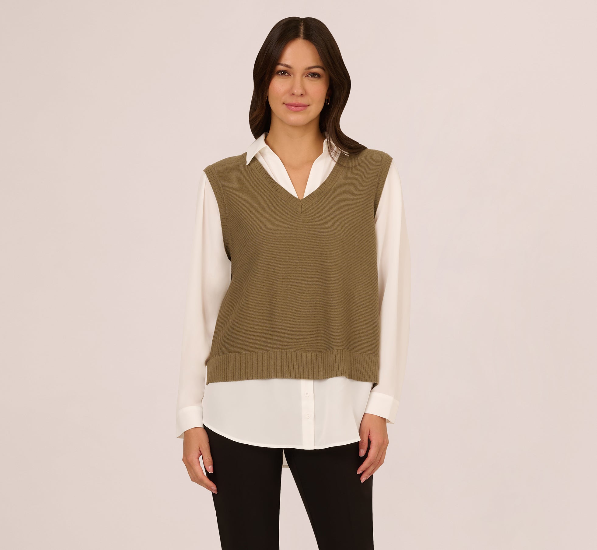 Sweater Vest Collared Twofer Shirt In Smokey Olive Ivory 1