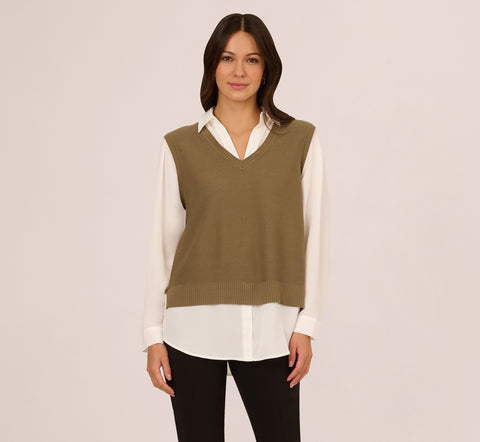 Sweater Vest Collared Twofer Shirt In Smokey Olive Ivory