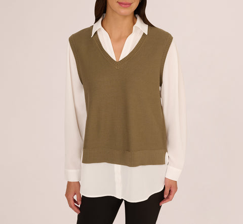 Sweater Vest Collared Twofer Shirt In Smokey Olive Ivory