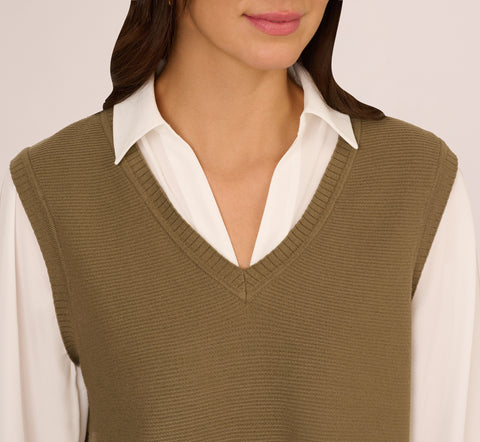 Sweater Vest Collared Twofer Shirt In Smokey Olive Ivory