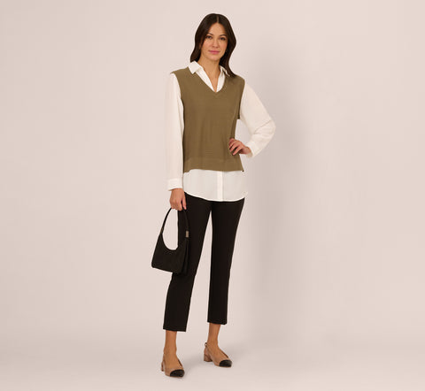 Sweater Vest Collared Twofer Shirt In Smokey Olive Ivory