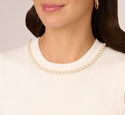 Sleeveless Pearl Neck Sweater In Ivory