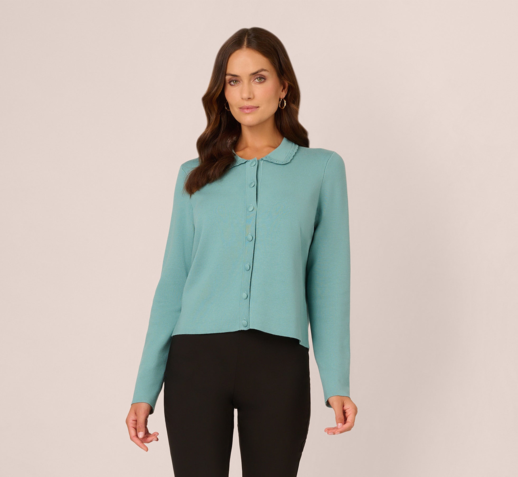 Crochet Trim Button Down Cardigan Sweater In Aqua 1