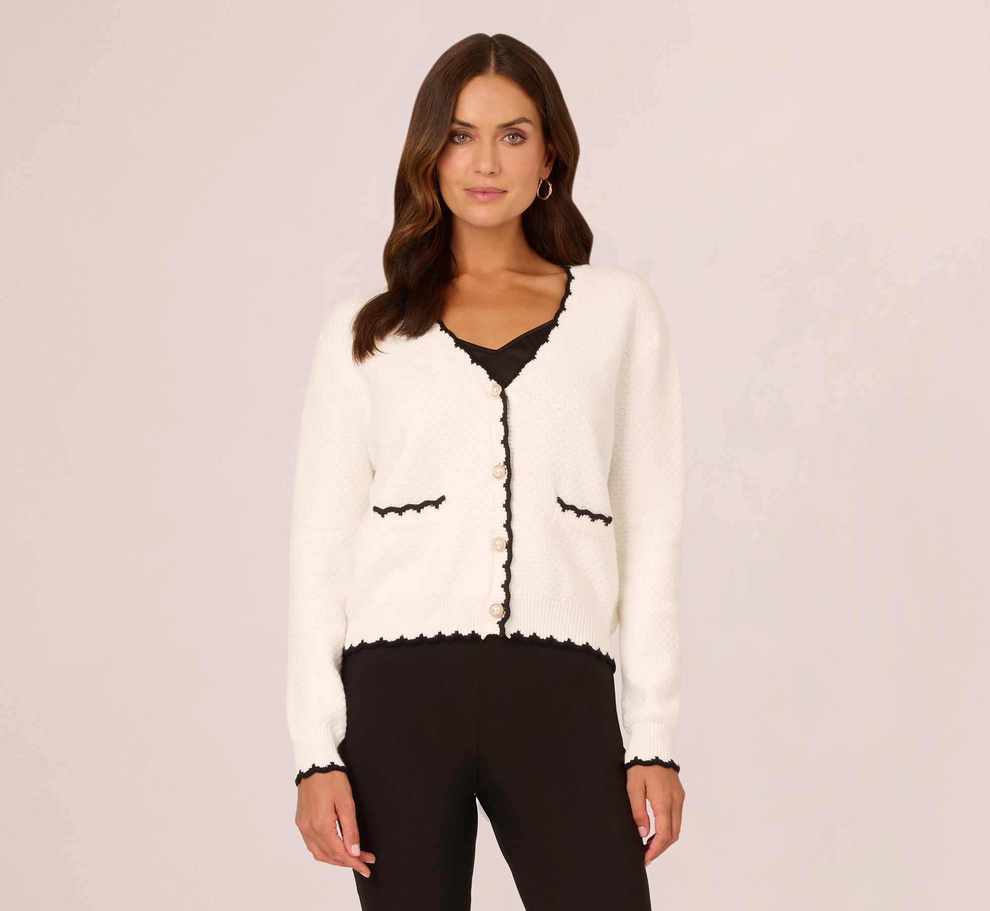 Cardigan Sweater With Contrast Scallop Trim In Ivory Black 1