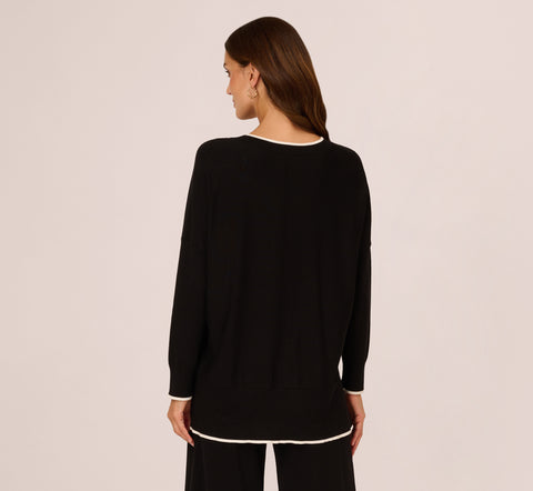 V Neck Pullover Sweater With Contrast Tipping In Black Ivory