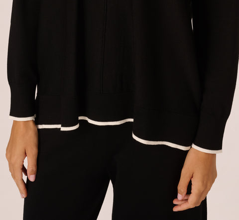 V Neck Pullover Sweater With Contrast Tipping In Black Ivory