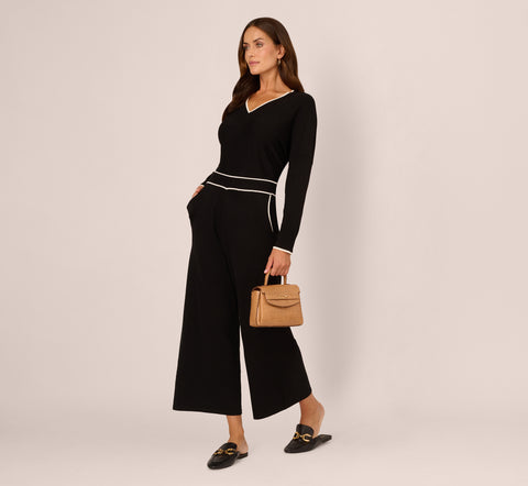 Pull On Sweater Pant With Contrast Tipping In Black Ivory