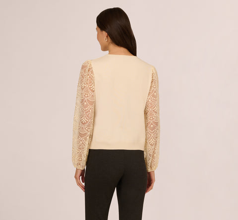 Lace Sleeve Crew Neck Sweater In Cream