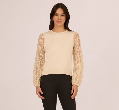 Lace Sleeve Crew Neck Sweater In Cream