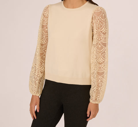 Lace Sleeve Crew Neck Sweater In Cream