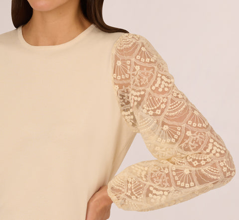 Lace Sleeve Crew Neck Sweater In Cream