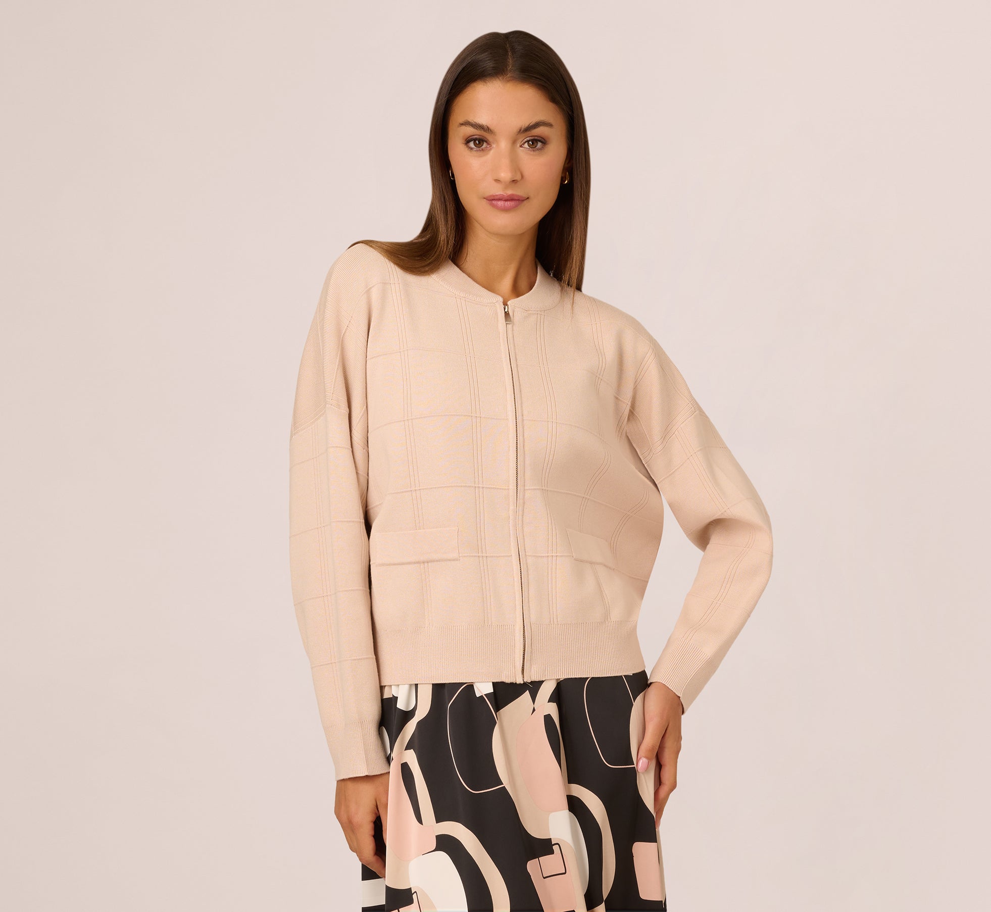 Long Sleeve Zip Front Sweater Bomber In Champagne Blush 1