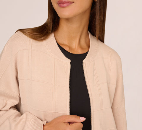 Long Sleeve Zip Front Sweater Bomber In Champagne Blush